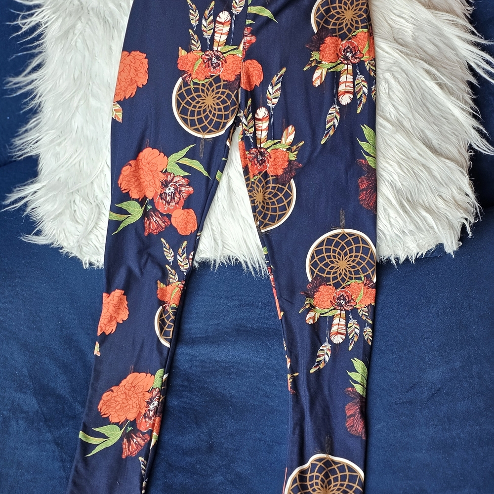 LuLaRoe Navy and Orange Floral Leggings